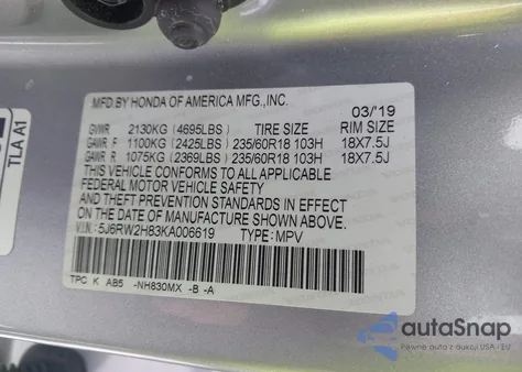 2019 Honda Cr-V Ex-L from USA, damaged, VIN 5J6RW2H83KA006619